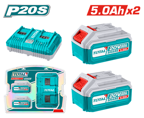 A set of 20 volt 5 amp batteries, 2 + a dual charger from Total