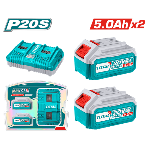 A set of 20 volt 5 amp batteries, 2 + a dual charger from Total