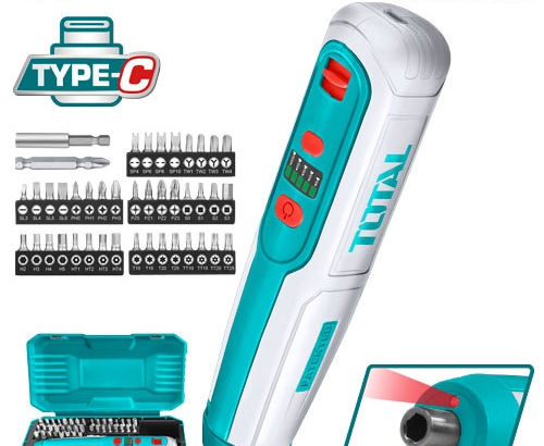 4-volt rechargeable screwdriver with screwdriver bits + bag from Total