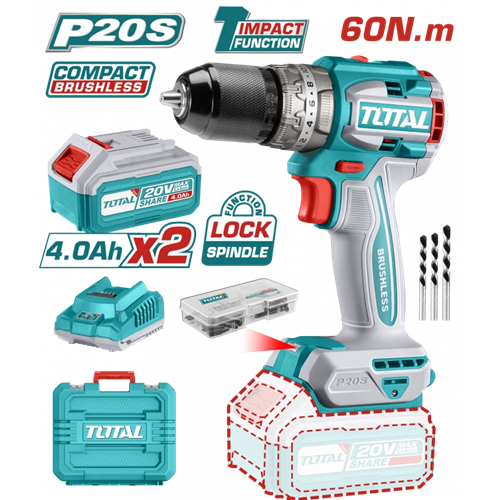 20 volt charging drill with two 4 amp batteries and 13 mm nut from Total