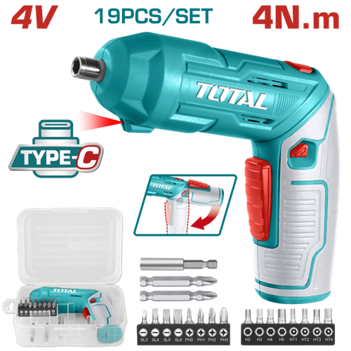 4-volt rechargeable screwdriver with 19 pieces of screwdrivers from Total