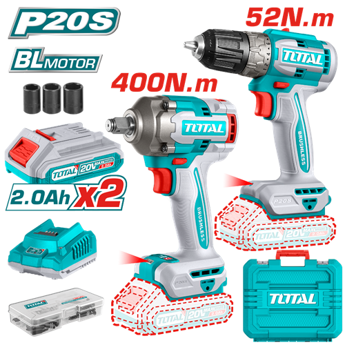 Charging drill set + drill boxes 400 Newton 20 volts with 2 2 amp batteries and a charger from Total