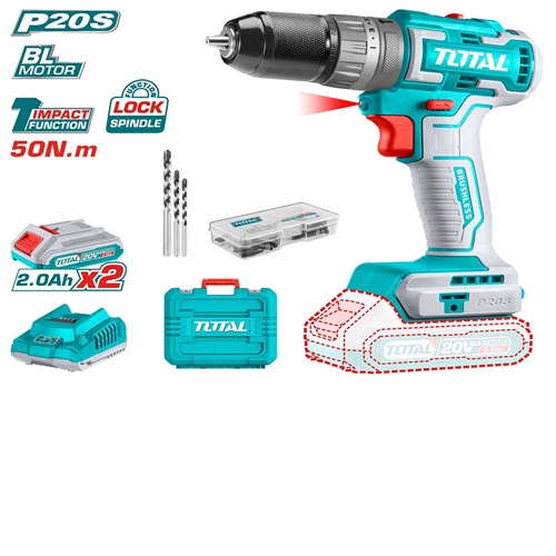 20 volt charging drill with two 10 mm brushless batteries and a hammer charger from Total