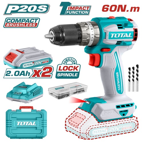 20-volt recharging drill, 13 mm iron nut, with 2 batteries from Total