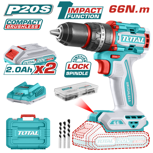 Total charging drill, 20 volts, 66 Newtons, with two 2 amp batteries, 13 mm iron nut