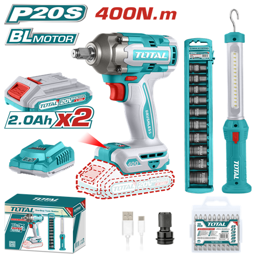 Drill charging boxes 20 volts 400 newtons with 2 amp battery + gift box set + charging lux from Total
