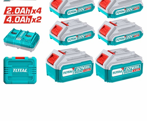 Set of 20 volt 2 amp batteries, 4 + 4 amp batteries, 2 + dual charger + plastic bag from Total
