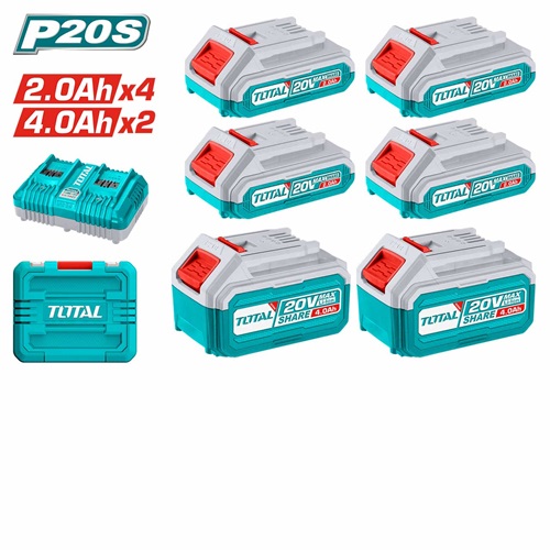 Set of 20 volt 2 amp batteries, 4 + 4 amp batteries, 2 + dual charger + plastic bag from Total